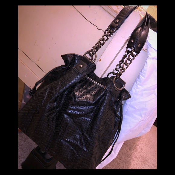 black side bag with silver chain